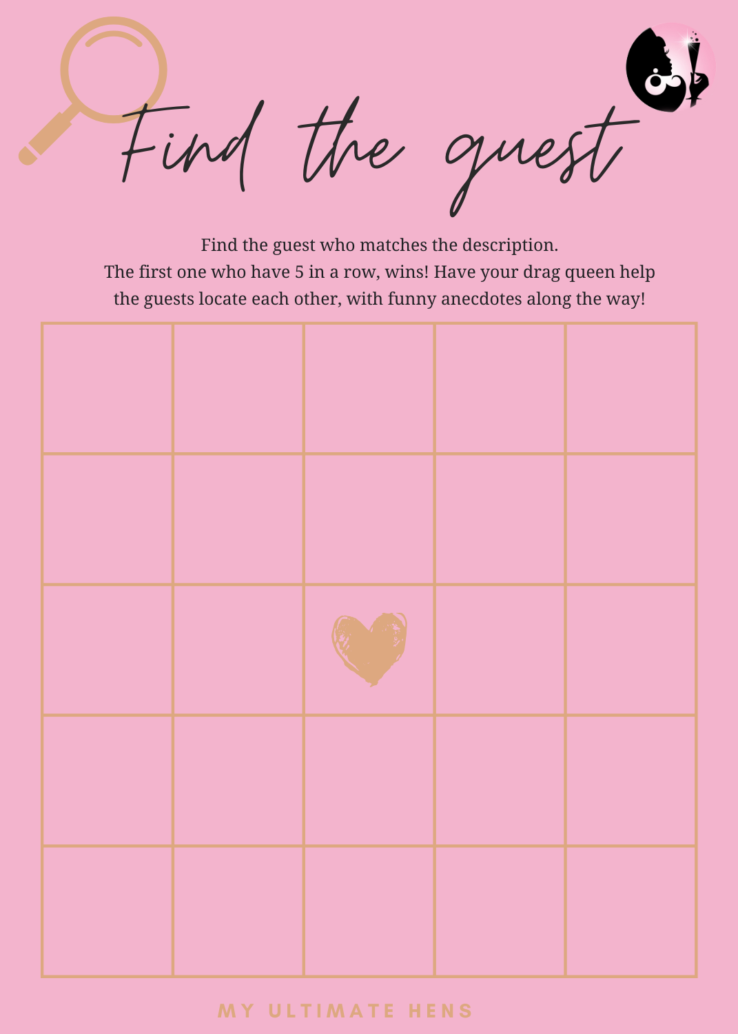 Blank Template For Find The Guest Hens Party Game Where The Bride Can Download And Print To Play At The Hens WIth The Drag Queen