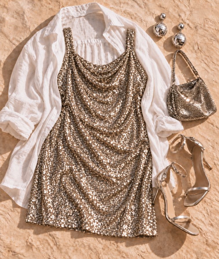 Flat lay of a gold sequin mini dress over an open white linen shirt, with mirror-ball earrings, a metallic bag and silver strappy heels on warm stone