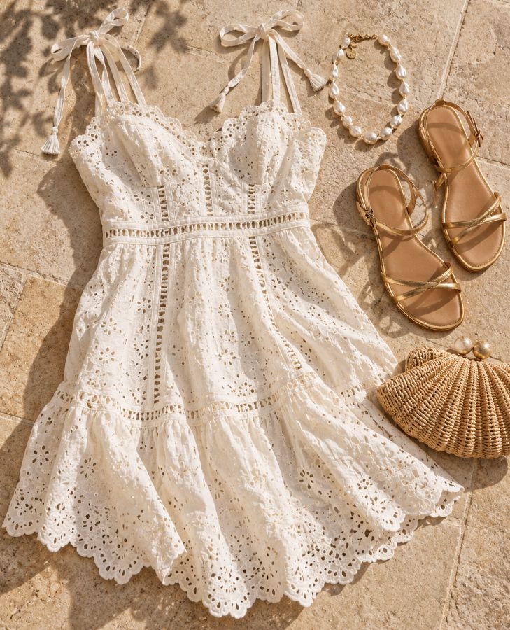 Flat lay of an ivory broderie mini dress with tie straps, gold strappy sandals, a baroque pearl necklace and a raffia shell clutch on pale stone