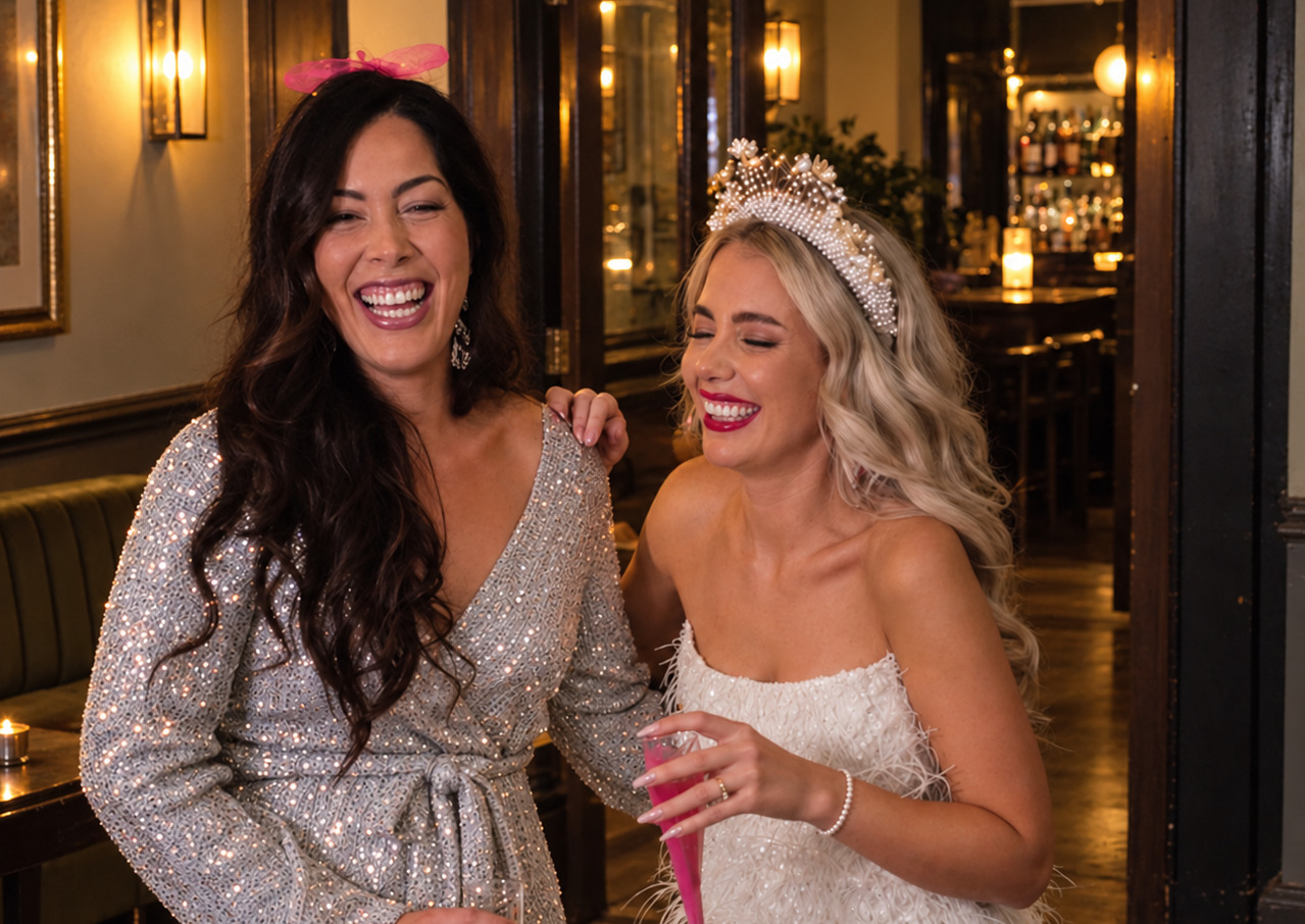 A bride-to-be in a pearl crown laughing with a friend in sequins at a cocktail bar