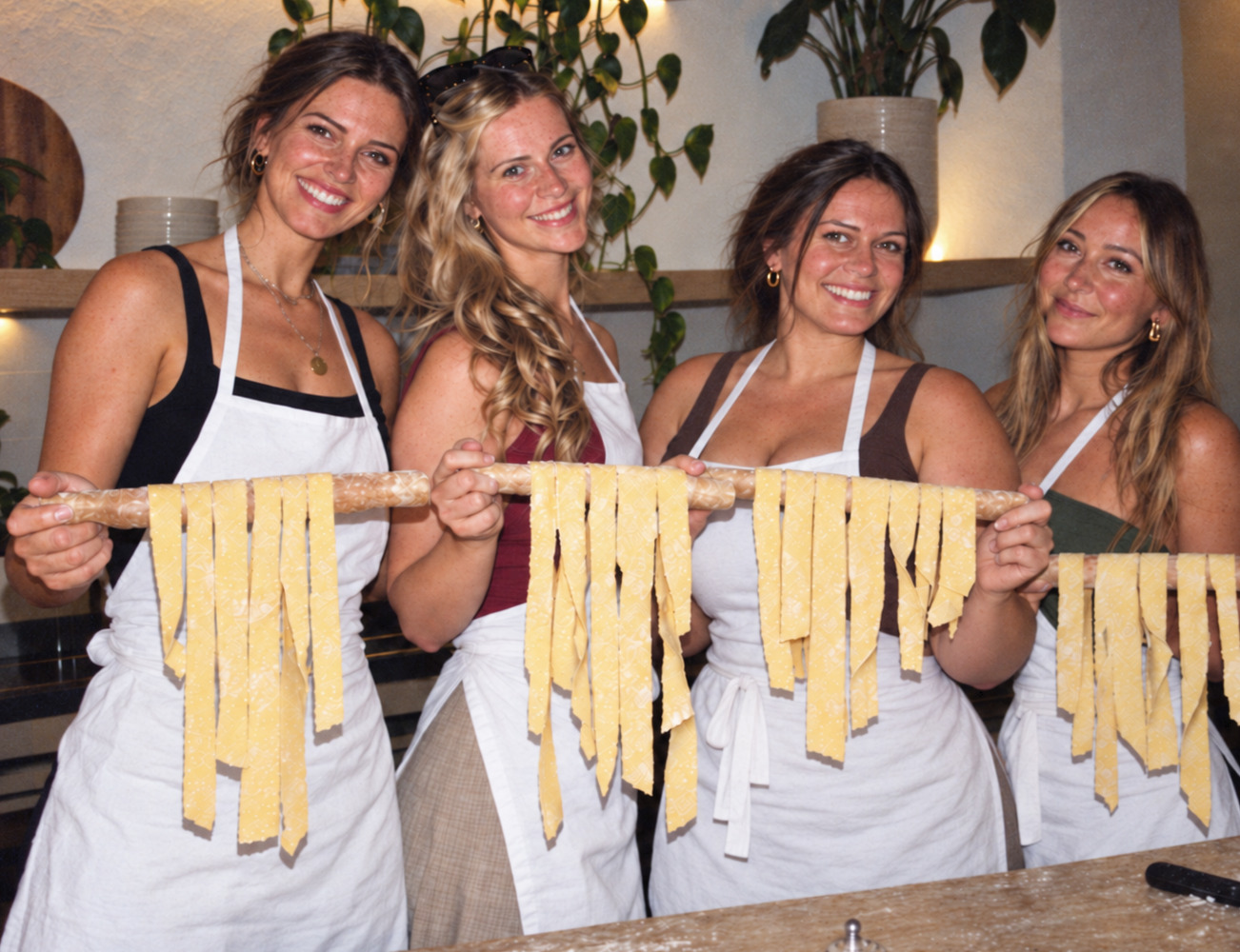 Four women in white aprons holding fresh pasta ribbons on drying rods