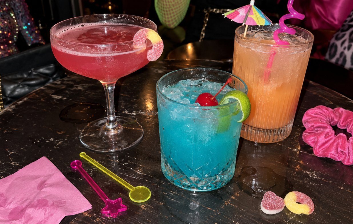 Three bright cocktails on a dark bar table: a pink coupe with a sour-lolly ring on the rim, an electric-blue drink with a cherry and lime, and an orange cooler with a paper umbrella and a curly straw, beside a pink velvet scrunchie, star swizzle sticks and sour lollies