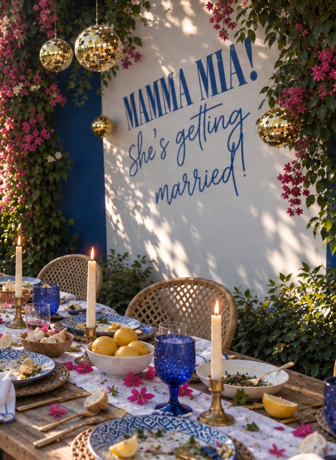 A long lunch table in a garden set with blue goblets, candles and lemons under bougainvillea and a Mamma Mia! She's getting married! sign hung with disco balls