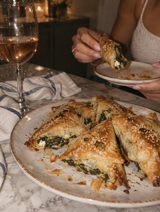 A platter of golden spanakopita triangles, one being lifted onto a small plate, with a glass of rosé