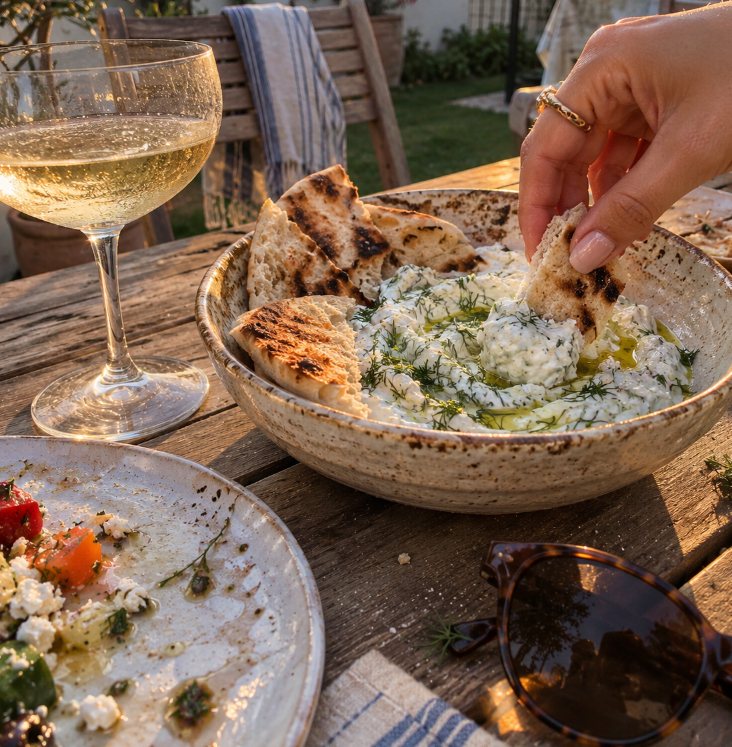Charred pita dipped into a bowl of tzatziki with dill and olive oil, a glass of white wine in golden-hour light
