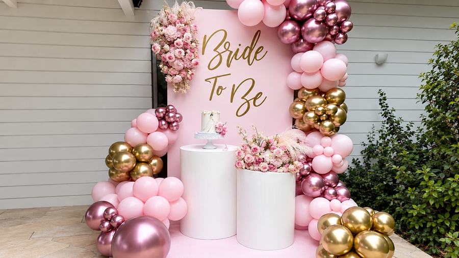 A Bride To Be balloon arch in pink and gold with a cake on a plinth