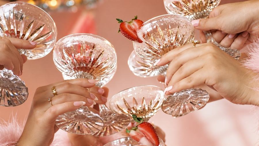 Hands clinking coupe glasses of pink sparkling wine with strawberries