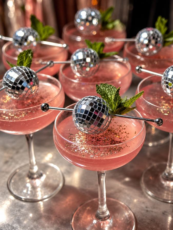 A tray of pink cocktails garnished with disco balls and mint