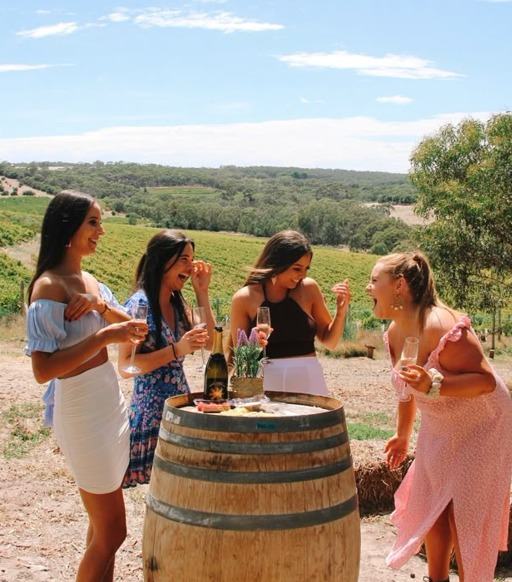 Four friends with wine glasses around a barrel in a vineyard