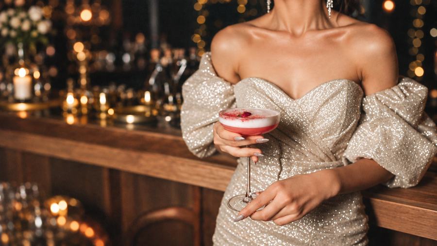A hen in a gold sequin dress with a cocktail at a warmly lit bar
