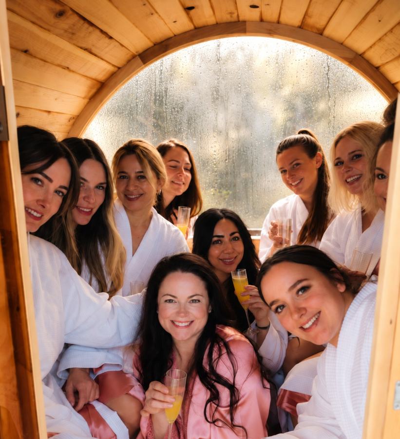 A hens group in robes together inside a barrel sauna