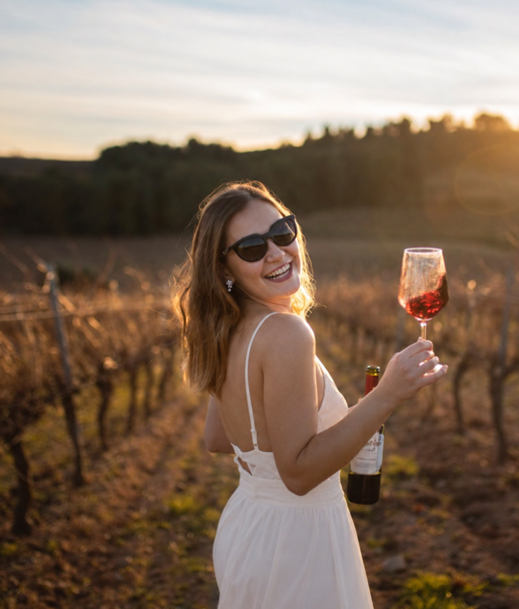 A hen in a white sundress and sunglasses raising a glass of rose among vineyard rows at golden hour