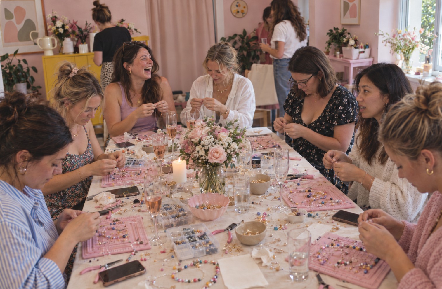Eight friends around a long table stringing pearl and bead necklaces, one laughing, with rose bubbly, a candle and pink roses down the middle