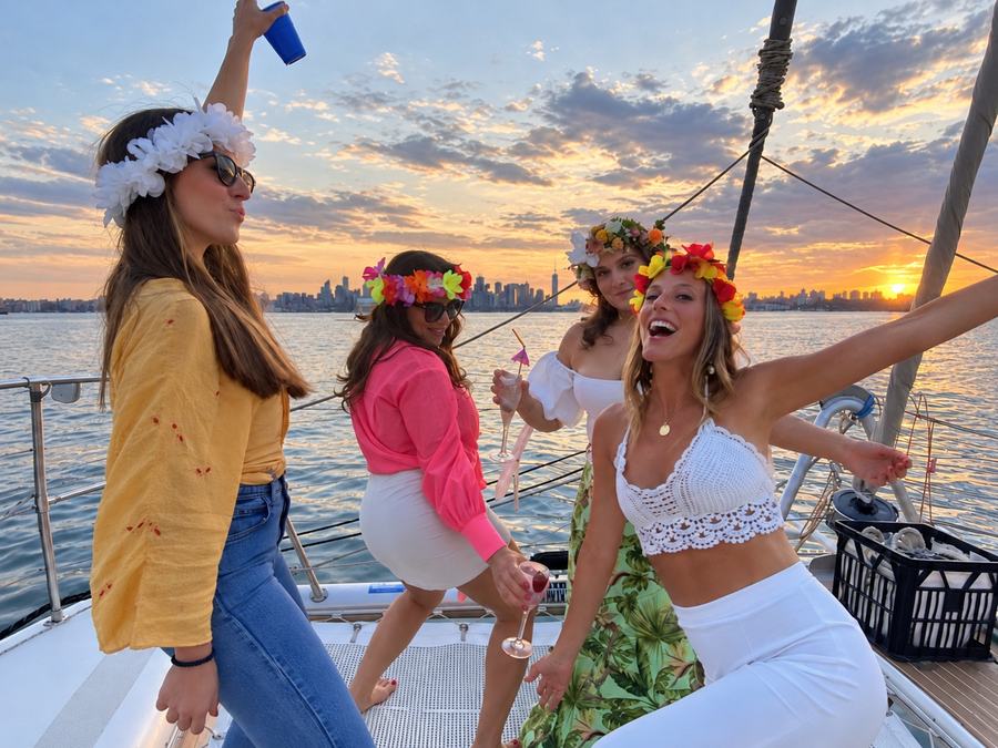 Four friends in flower crowns with drinks on a sailing boat at sunset