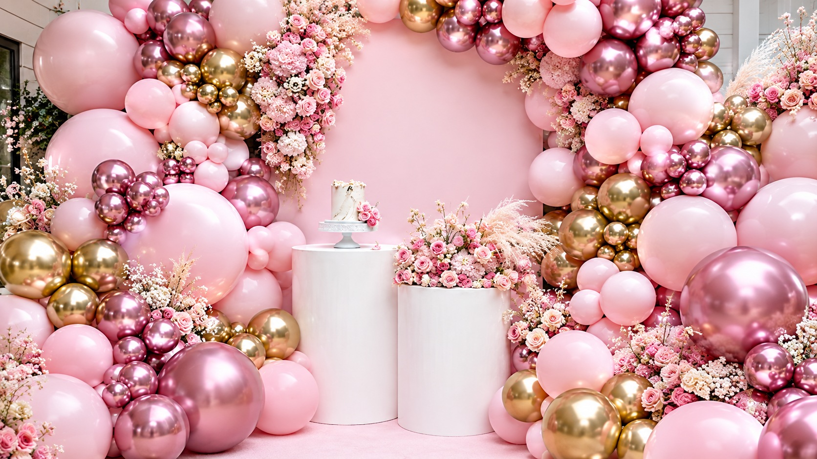 A luxe hens installation of pink and gold balloons and florals with a cake on a white plinth