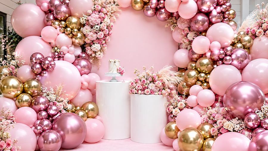 A luxe installation of pink and gold balloons and florals with a cake