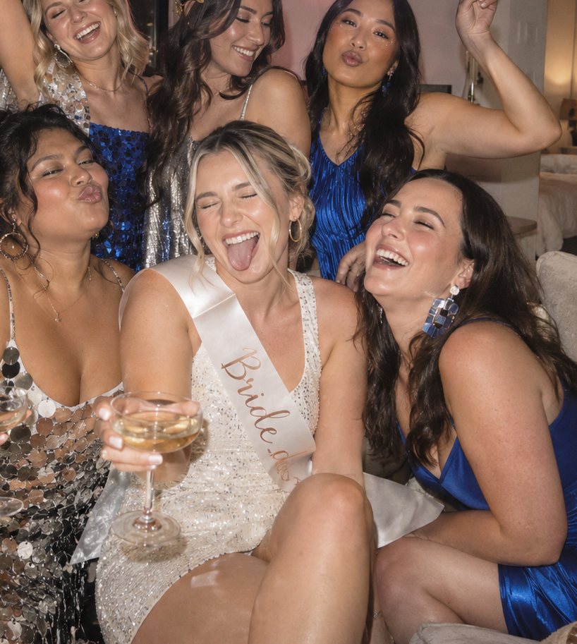 A bride in a white sequin dress and sash poking her tongue out on a couch, friends in blue and silver sequins crowded around her laughing