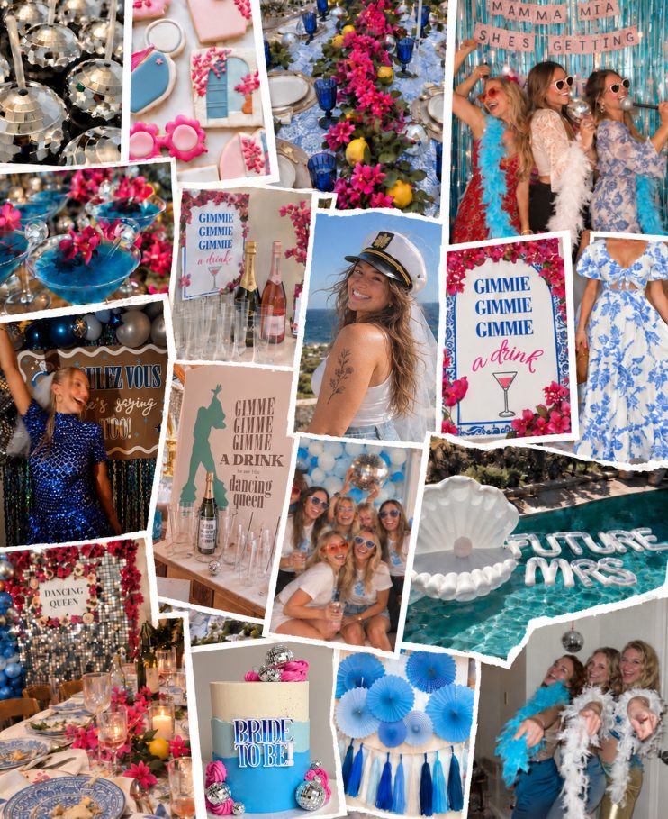 A mood board of real Mamma Mia hens: disco-ball cups, blue and white cookies, a long table with bougainvillea and lemons, a Gimme! Gimme! Gimme! drinks sign, friends in boas at a blue tinsel wall, a shell pool float and a blue Bride to Be cake