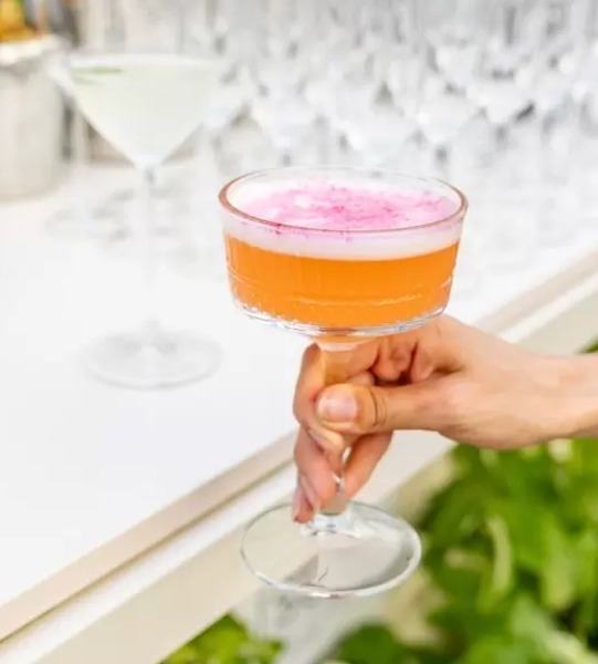A hand holding a coupe cocktail with a pink foam top