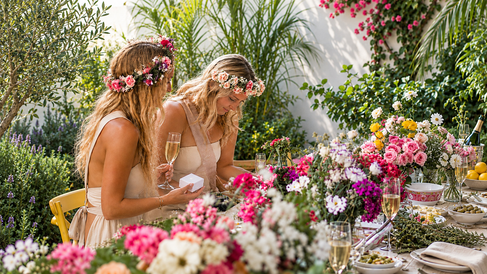 Two friends in flower crowns beside a garden table set with roses and champagne