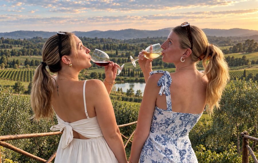 Two friends sipping red and white wine at a vineyard lookout at sunset