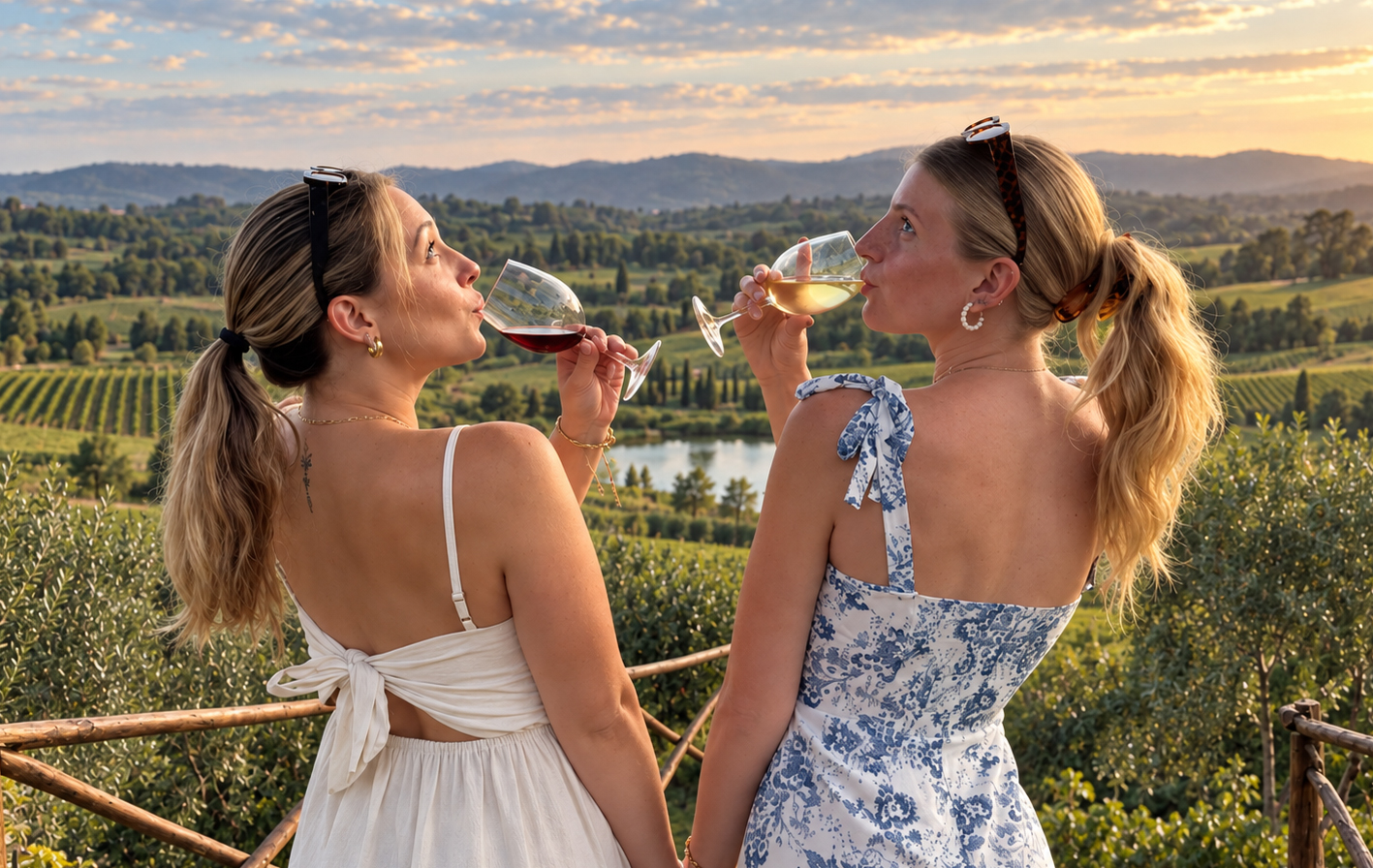 Two friends sipping wine at a lookout over vineyards and hills at sunset