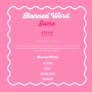 The My Ultimate Hens banned word game card in pink, with its list of banned words