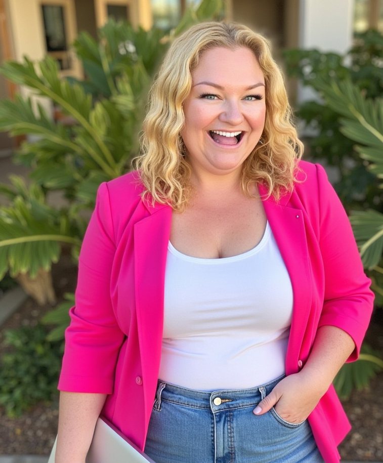 Nyree Rochaix in a pink blazer, smiling outside the My Ultimate Hens office