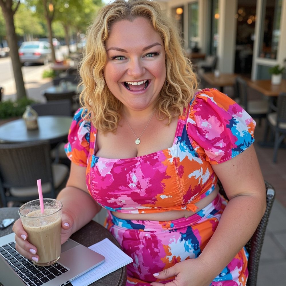 Nyree Rochaix laughing at a Sydney cafe table with an iced coffee and her laptop