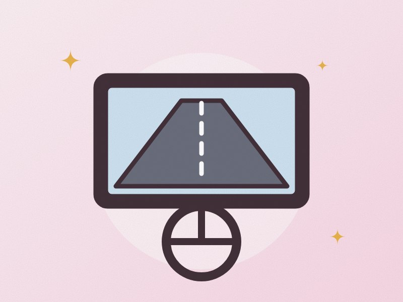 Illustration: a racing simulator screen and steering wheel