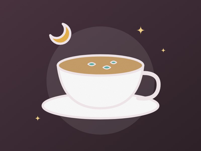 Illustration: a teacup with tea leaves under a crescent moon