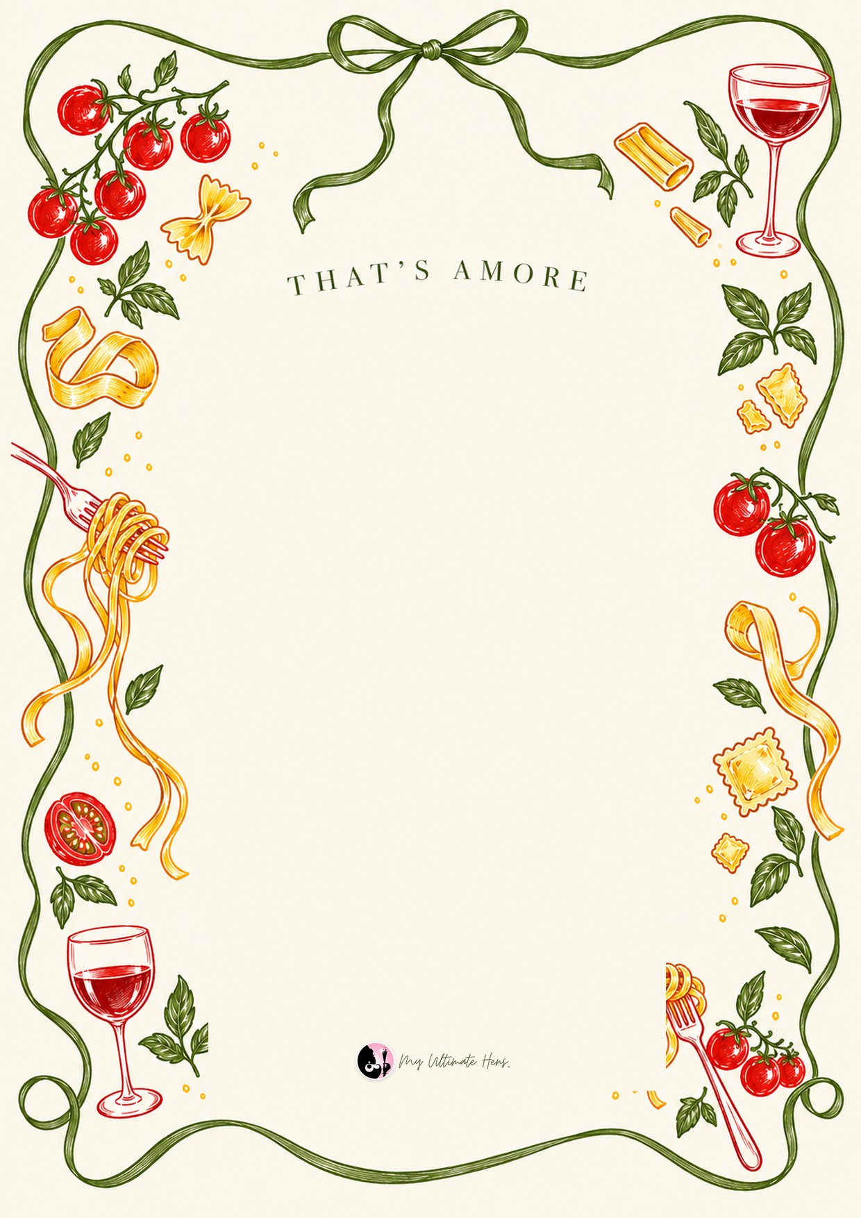 The pasta menu invitation: a cream invitation framed in a hand-drawn ribbon with tomatoes, pasta and red wine, ready for her details