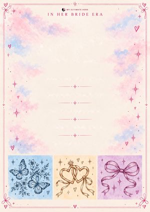 In Her Bride Era invitation with pastel clouds and tiles of butterflies, entwined hearts and a ribbon bow