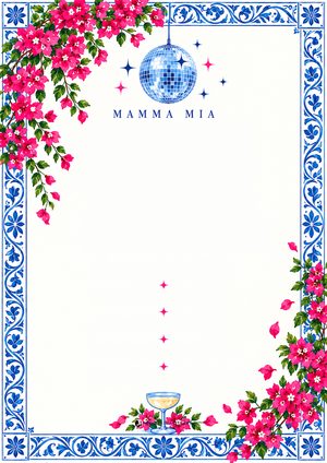 Mamma Mia printable with a blue patterned tile border, pink bougainvillea, a disco ball and a cocktail glass