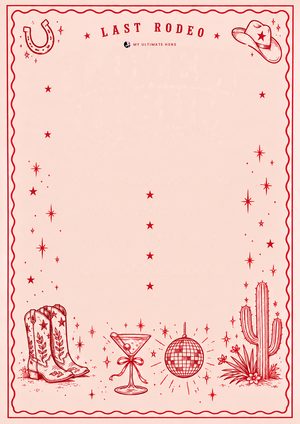 Pink Last Rodeo printable with red cowboy boots, a horseshoe, cowboy hat, martini, disco ball and cactus