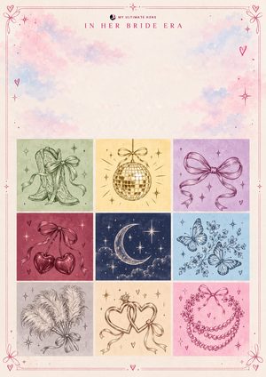 In Her Bride Era printable with nine pastel tiles: boots, disco ball, bows, cherries, moon, butterflies, pearls