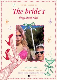 Photo invitation for the bride's drag queen hens with a drag queen and a guest in heart sunglasses, plus fishnet legs
