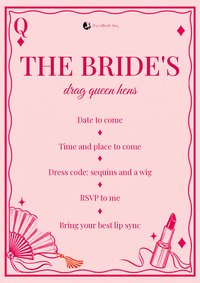 Pink playing card style invitation for the bride's drag queen hens with a fan, lipstick and details list