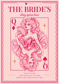 Pink invitation for the bride's drag queen hens styled as a queen of diamonds playing card