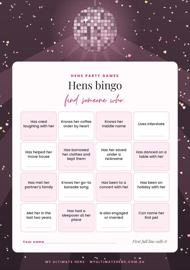 Printable hens bingo card, a four by four find someone who grid under a mirror ball on a plum background