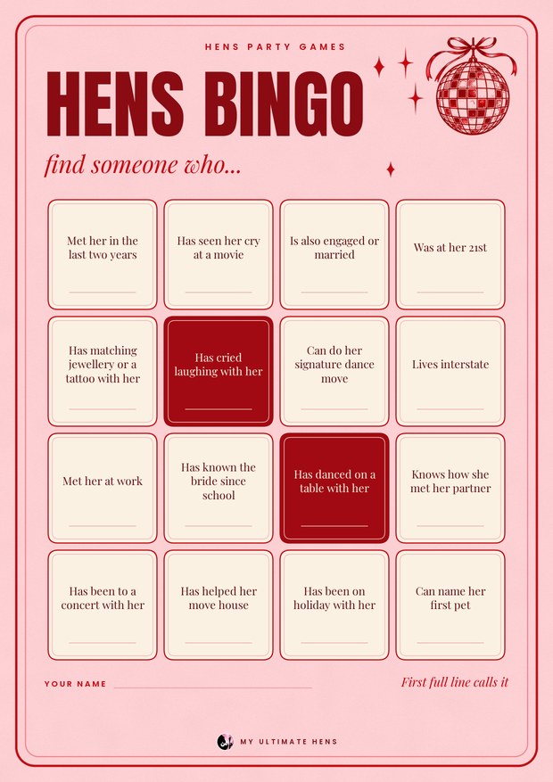 Printable hens bingo card: a four by four find someone who grid on pink paper under a disco ball hung with a ribbon
