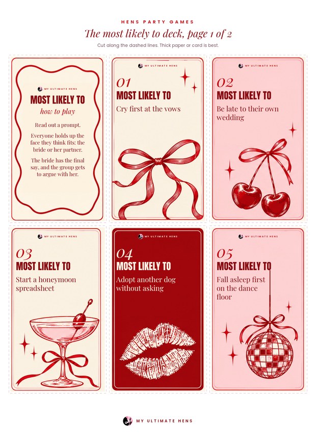 Printable hens party game cards: six cut-out cards on an A4 page, a how to play card and most likely to prompts, on cream, pink and red cards with bows, cherries, a coupe, lipstick kisses and a disco ball