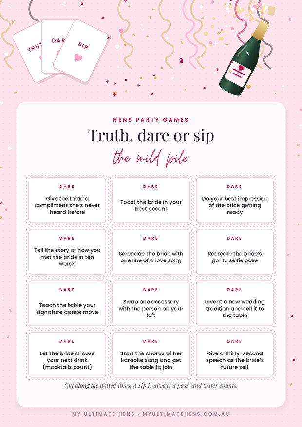 Printable hens party dare cards, twelve cut-out cards on a sheet with a popping champagne bottle and streamers