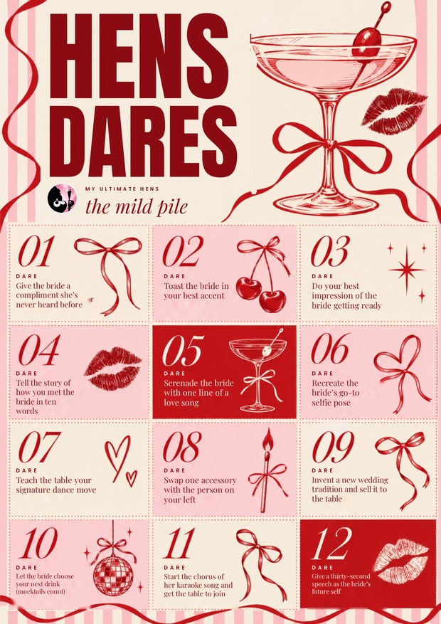 Printable hens party dare cards: twelve numbered dares on a pink, cream and red sheet with hand-drawn bows, cherries, lipstick kisses, a disco ball and a champagne coupe