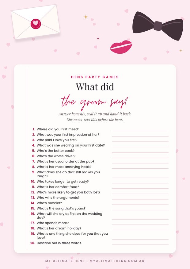 Printable what did the groom say sheet with 20 hens party questions for the groom, with an envelope, a bow tie and a lipstick kiss
