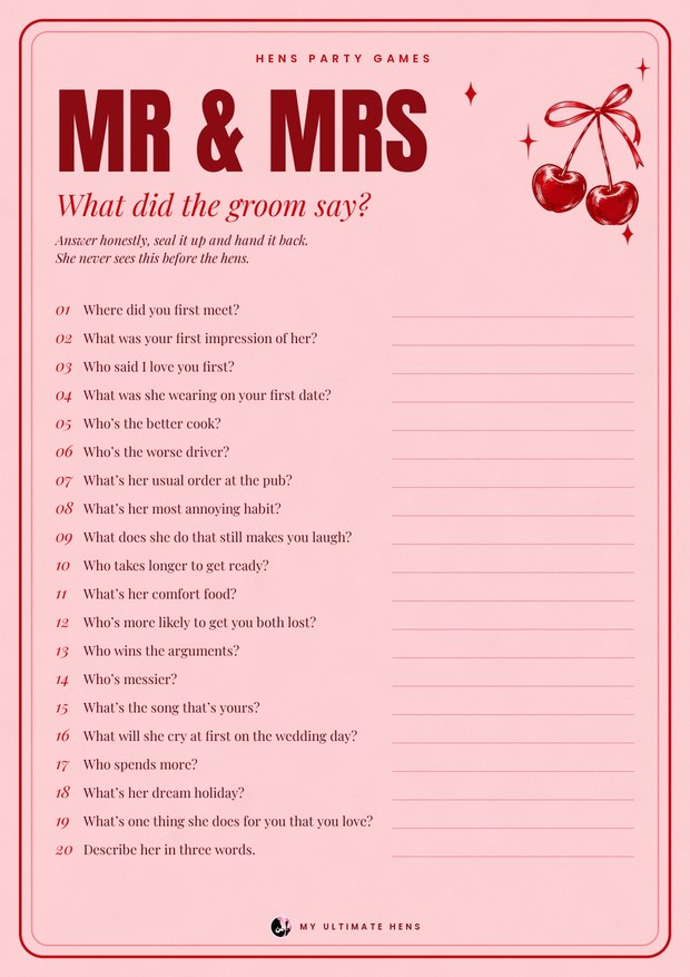 Printable Mr and Mrs sheet: what did the groom say, 20 hens party questions for the groom on pink paper with a red frame and a pair of cherries tied with a bow