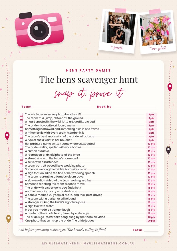 Printable hens party scavenger hunt list with 30 photos to snap and points, with a pink camera and two polaroids