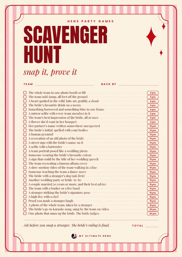 Printable hens party scavenger hunt: 30 photos to snap with points, on a cream ticket with pink candy stripes and red sparkles