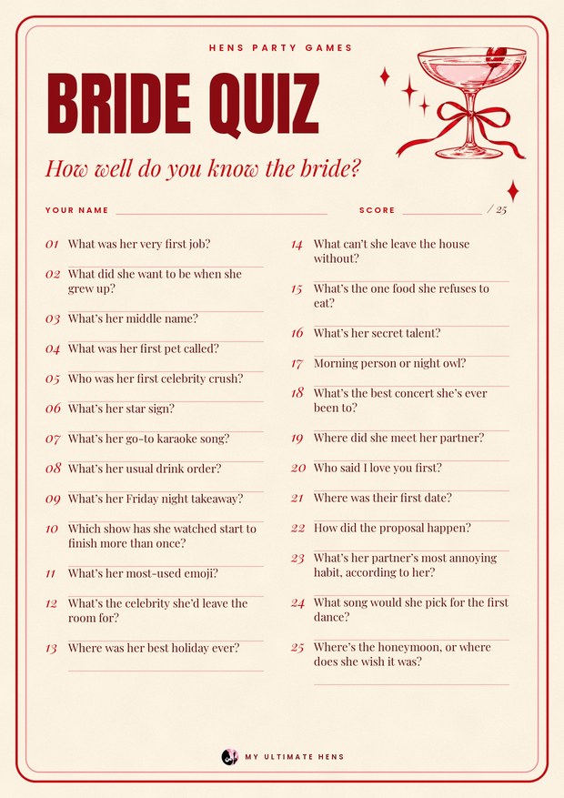 Printable bride quiz: how well do you know the bride, 25 questions with answer lines on cream paper with a red frame and a champagne coupe tied with a ribbon