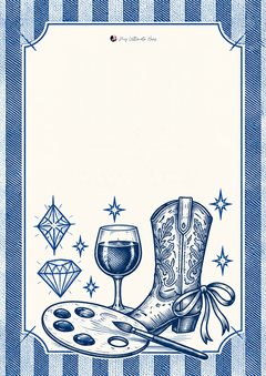 Blue cowgirl-themed paint and sip invitation with a cowboy boot, red wine, diamonds and a paint palette